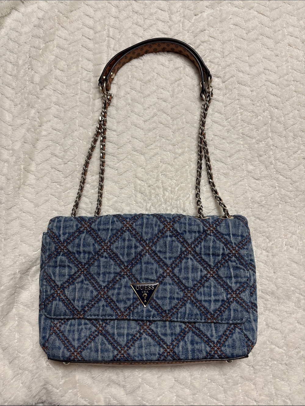GUESS Quilted Denim Shoulder Bag with Silver Chain